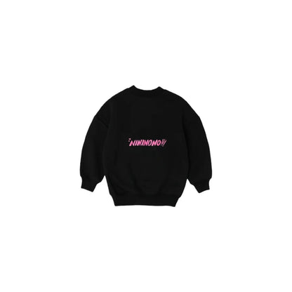 Back view of the black sweatshirt featuring the pink "NININONO!!!" signature branding.