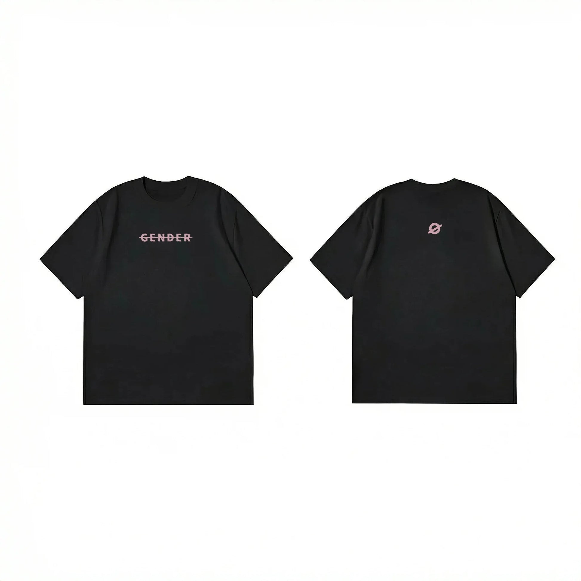 Comprehensive flat lay of Ogender  240 GSM black oversized t-shirt, showcasing the pink 'Gender' strike-through chest print and the iconic large 'O' back graphic