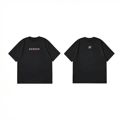 Comprehensive flat lay of Ogender  240 GSM black oversized t-shirt, showcasing the pink 'Gender' strike-through chest print and the iconic large 'O' back graphic