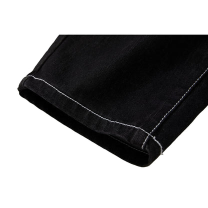 Detailed view of the clean tapered leg hem and durable white contrast seams.