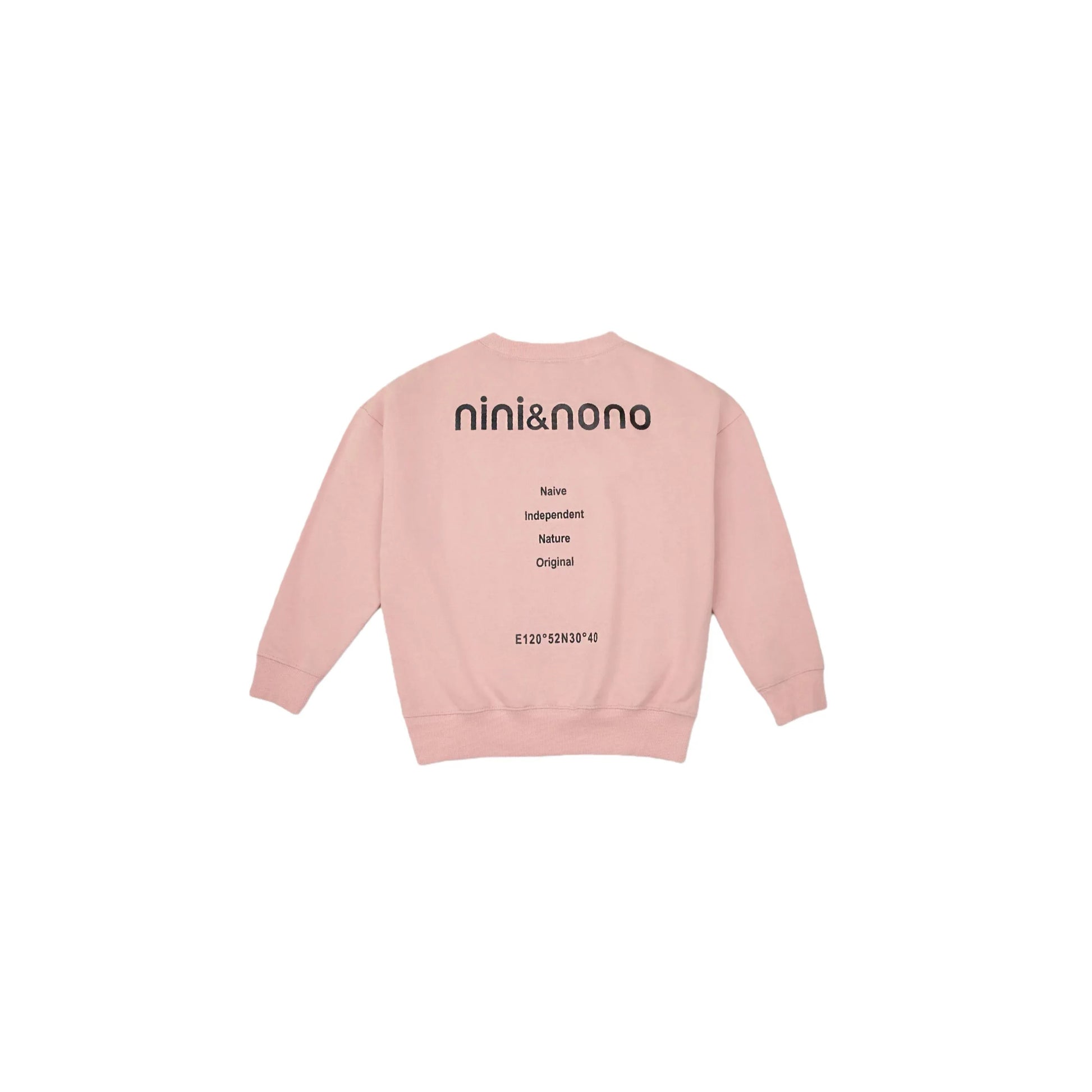 Back view of Pink DNA sweatshirt with minimalist brand philosophy graphic.