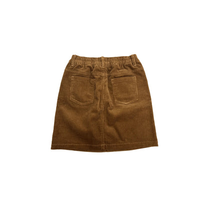 Back view flat lay of the girls' caramel corduroy skirt with elastic waist.