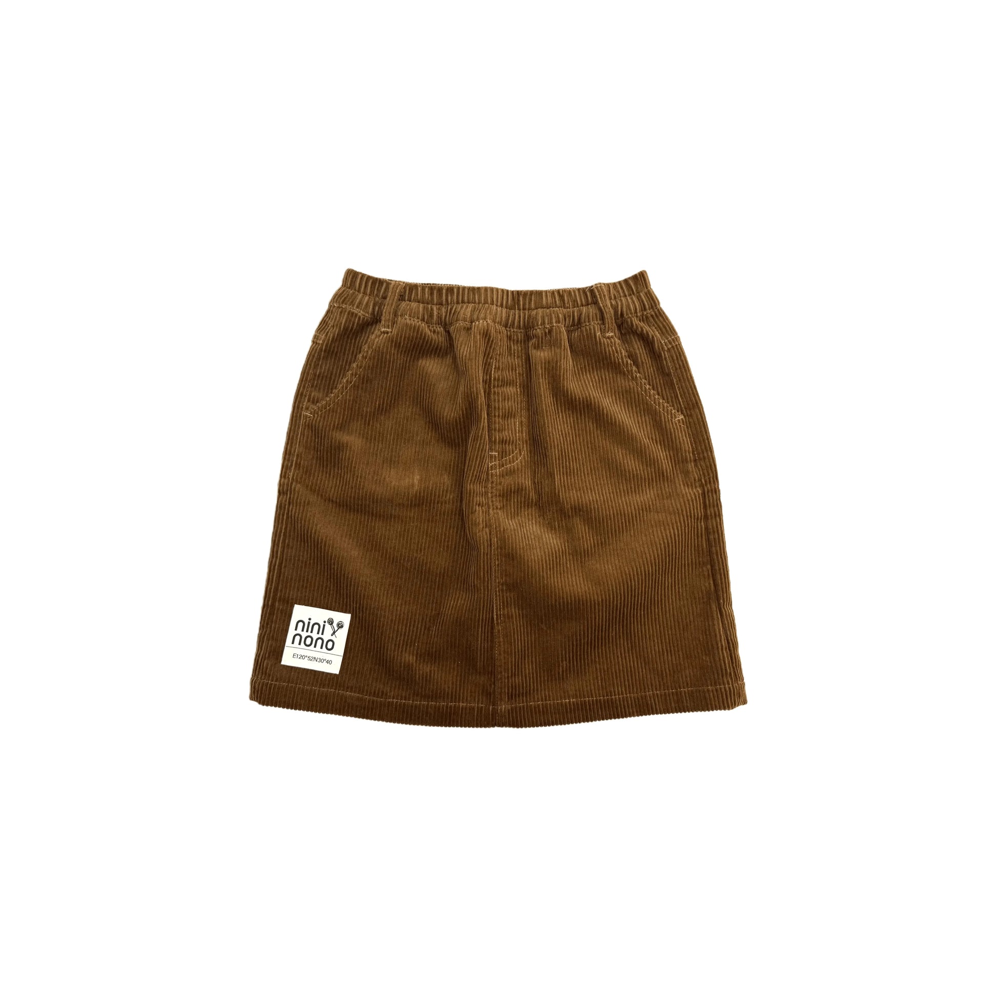 Front view flat lay of the girls' caramel corduroy A-line skirt with woven patch.