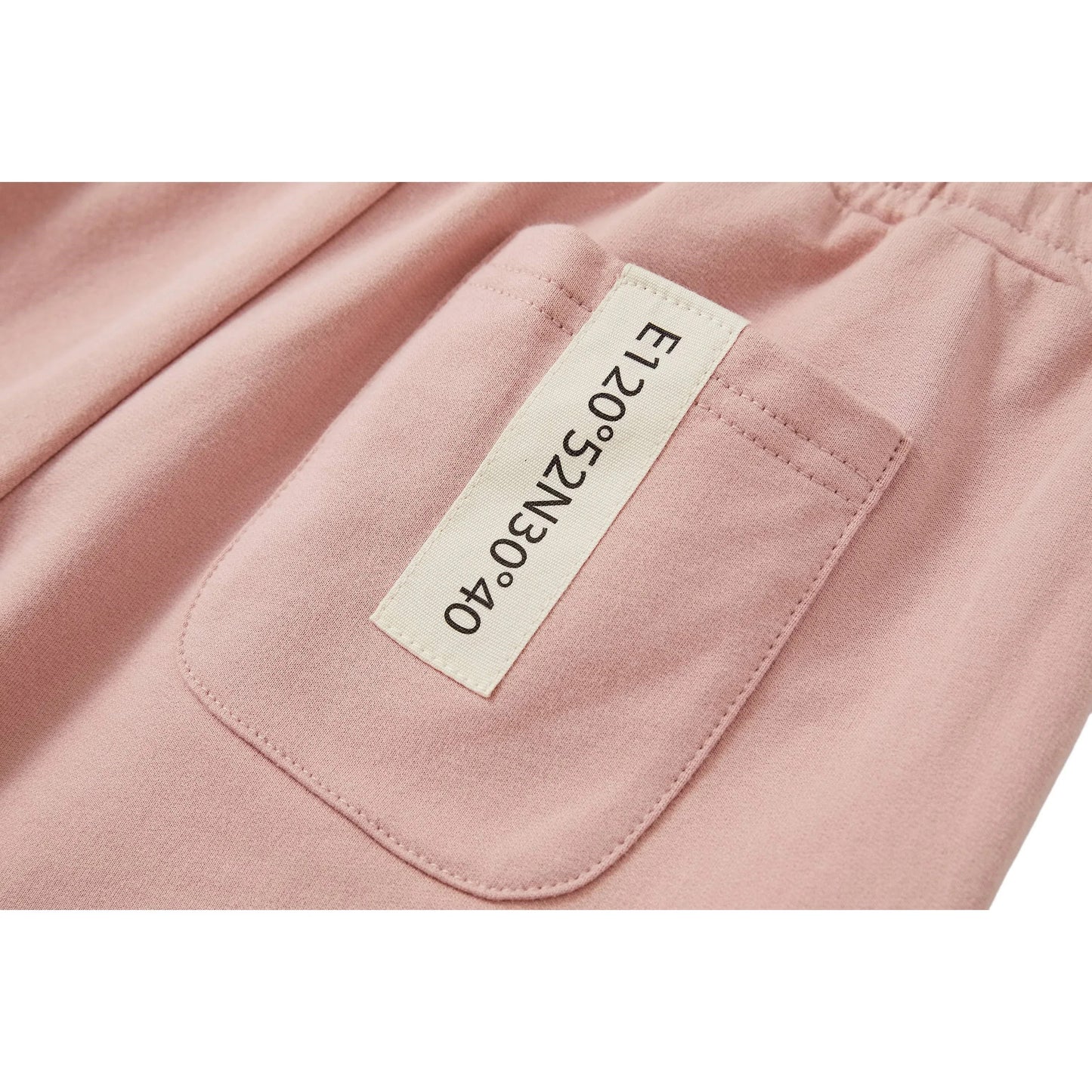 Close-up of the signature industrial woven label on the back pocket of the shorts.