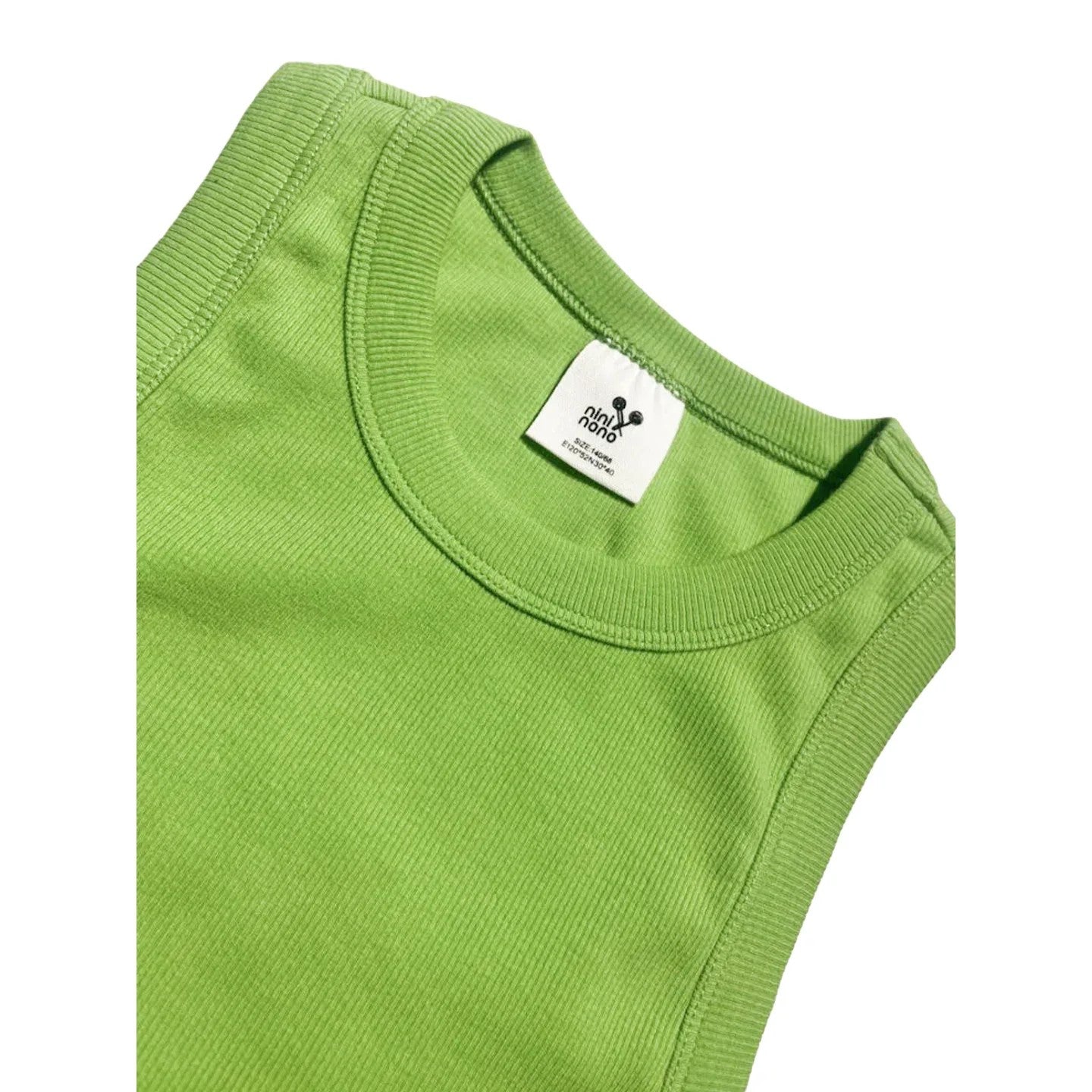 Detailed view of the inner neck label and stitching quality on Green tank.