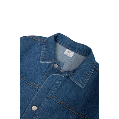 Close-up of the classic collar and internal ninonono brand label on the denim jacket.