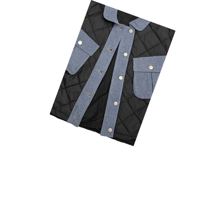 Close-up of the structured denim collar and the snap-button front closure of the puffer jacket.