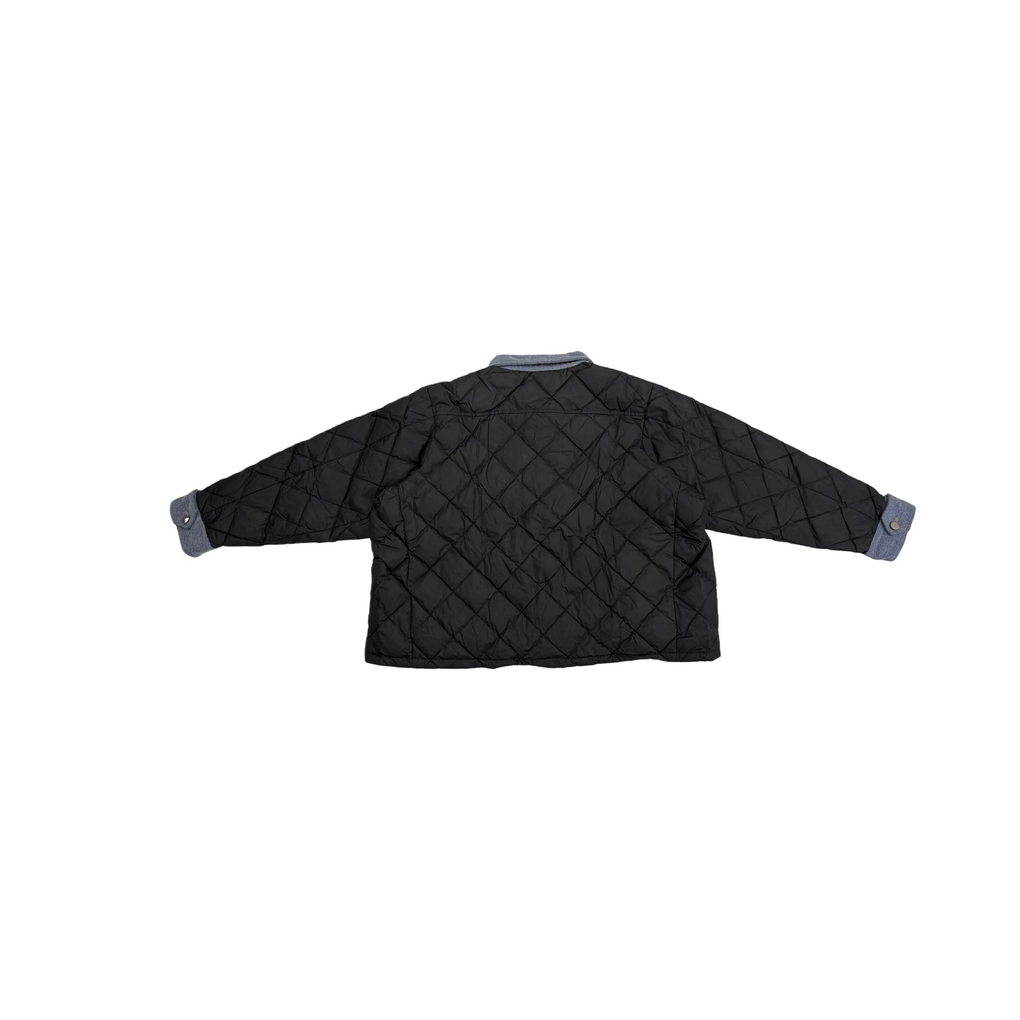 Full back view of the black diamond-quilted puffer jacket showing the structured silhouette.