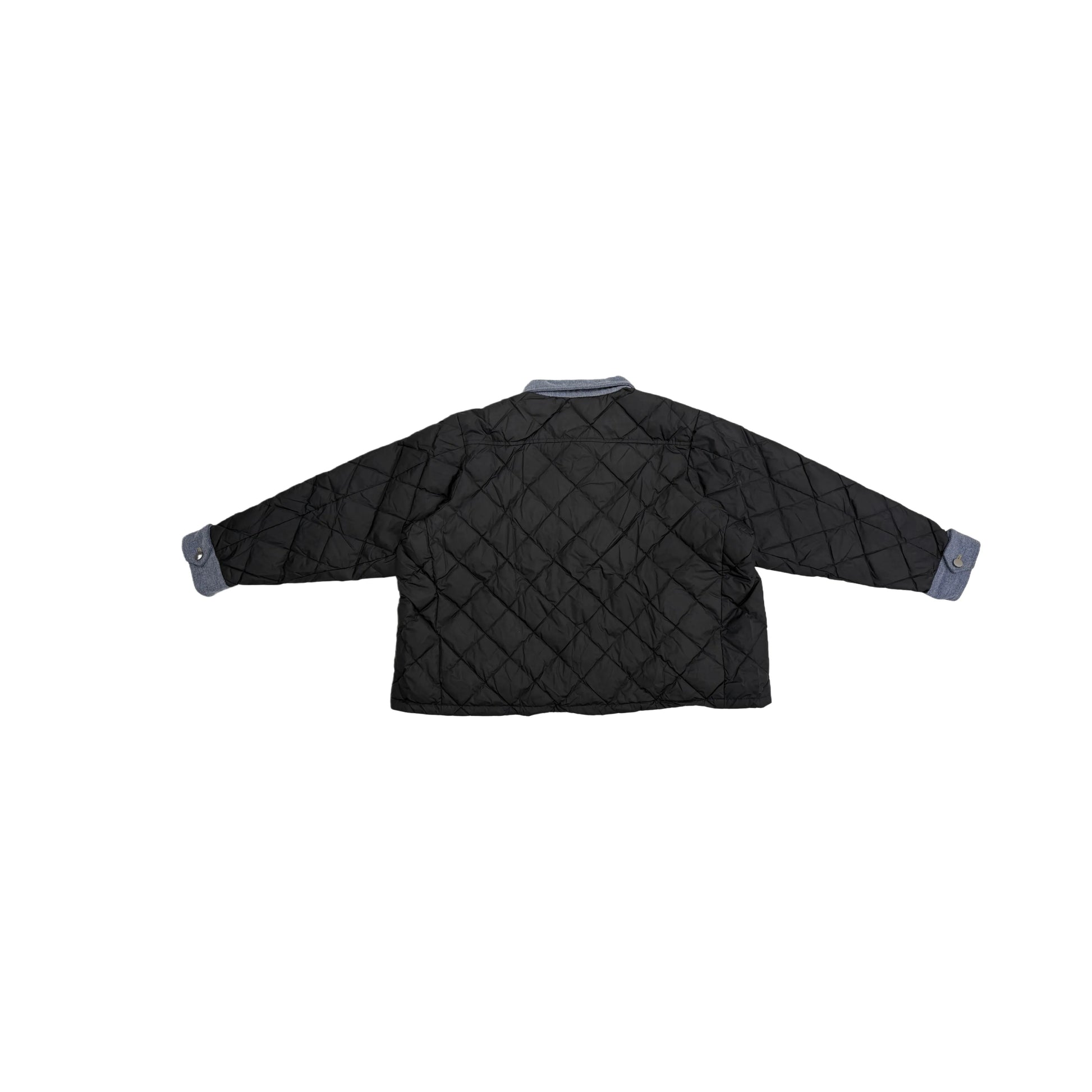 Full back view of the black diamond-quilted puffer jacket showing the structured silhouette.