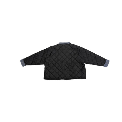 Full back view of the black diamond-quilted puffer jacket showing the structured silhouette.