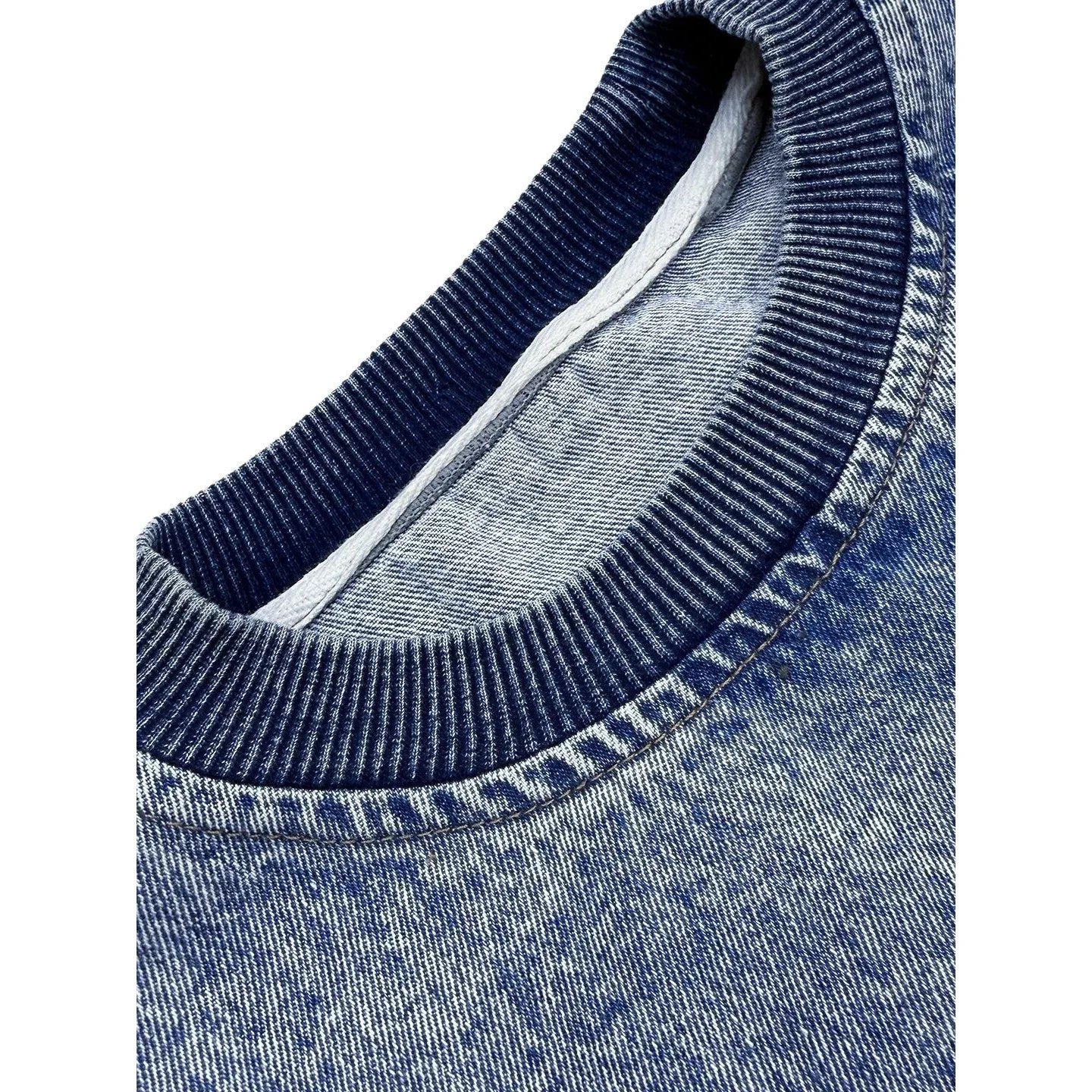 Close-up of the ribbed crew neckline and the authentic washed denim texture.