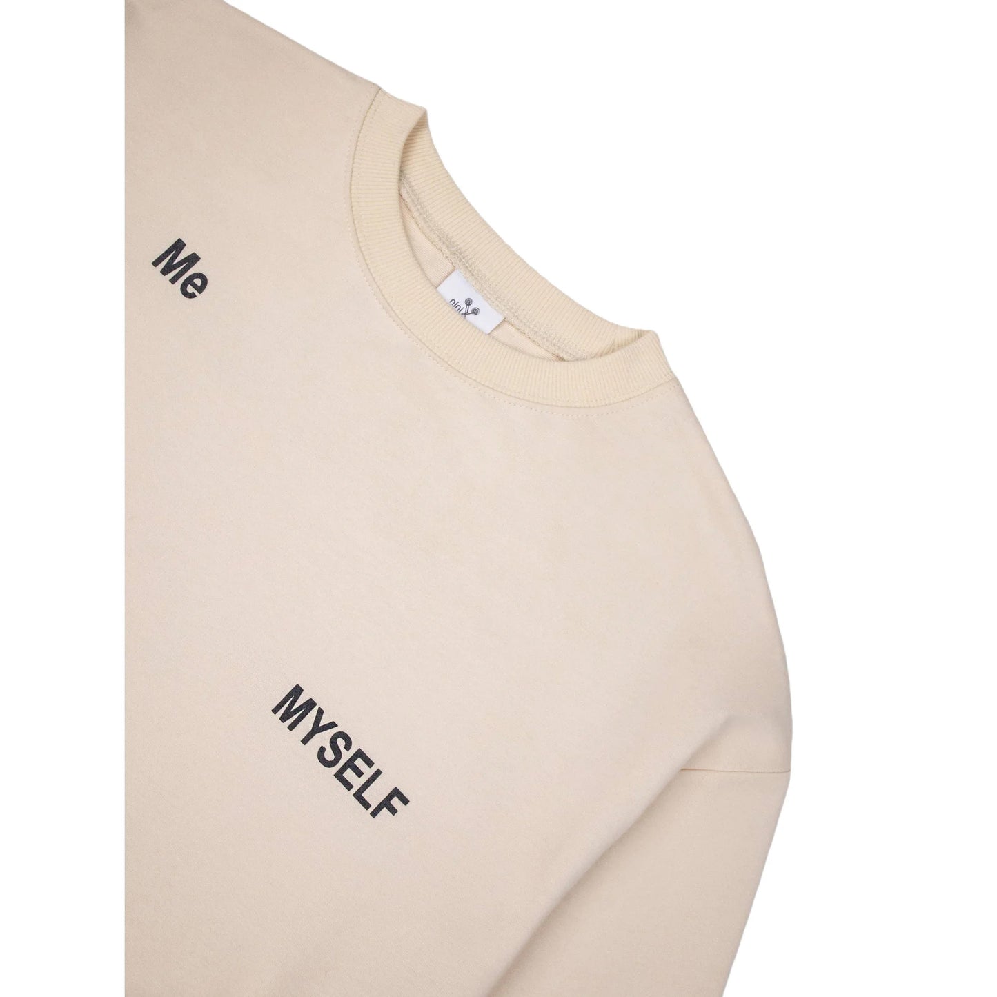 Detail shot of the ribbed collar and front DNA keyword print on Ogender sweatshirt