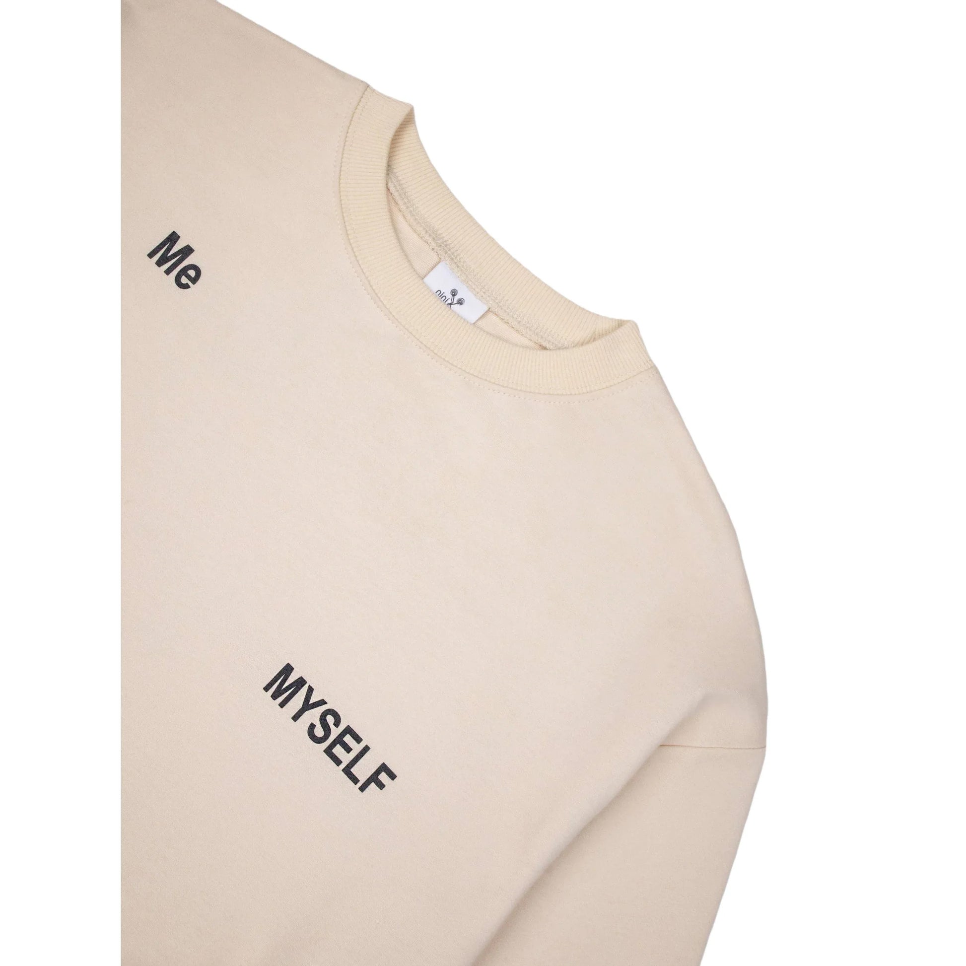 Detail shot of the ribbed collar and front DNA keyword print on Ogender sweatshirt