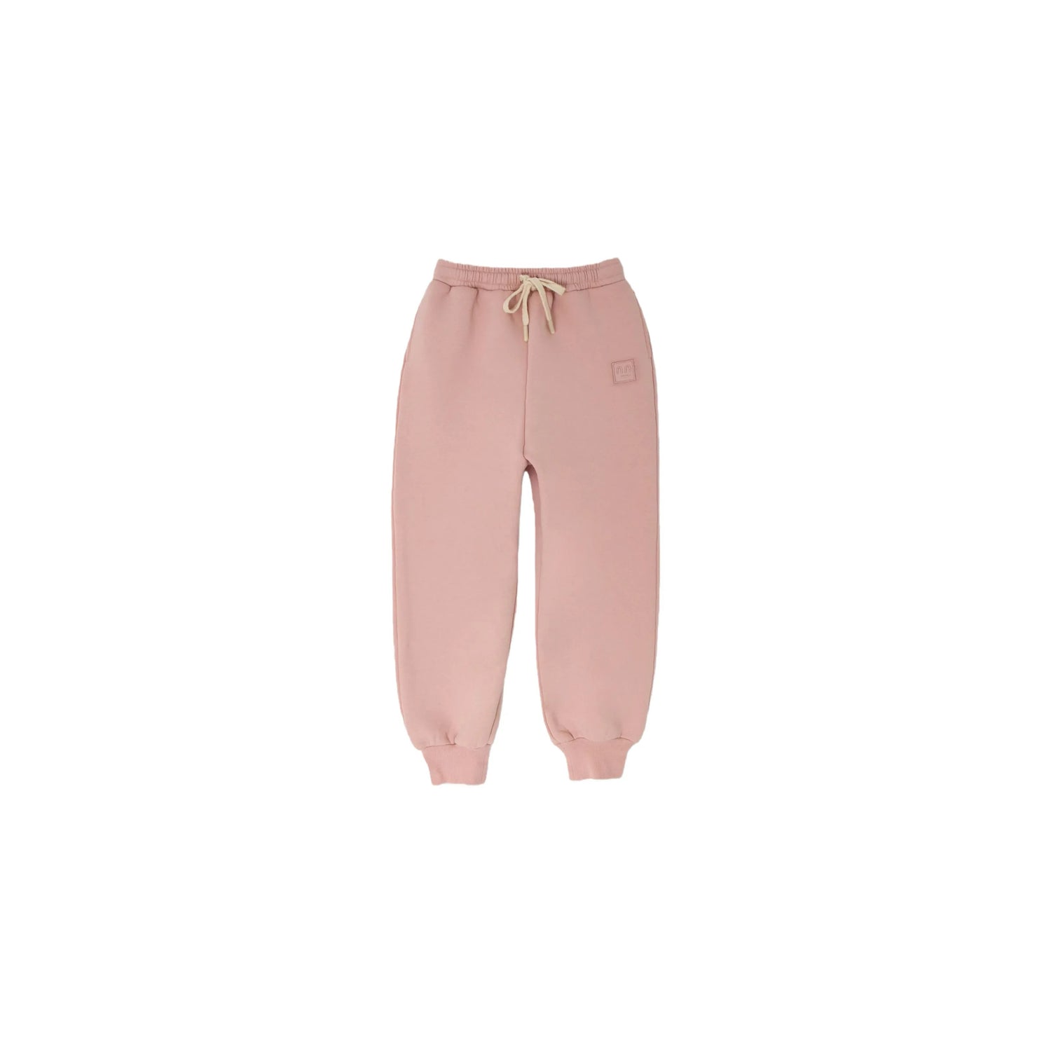 Front view of the Ogender dusty pink fleece-lined joggers with cream drawstrings and smiley patch.