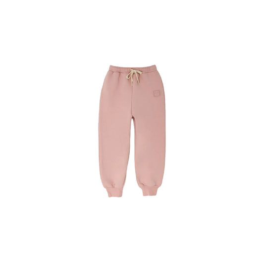 Front view of the Ogender dusty pink fleece-lined joggers with cream drawstrings and smiley patch.