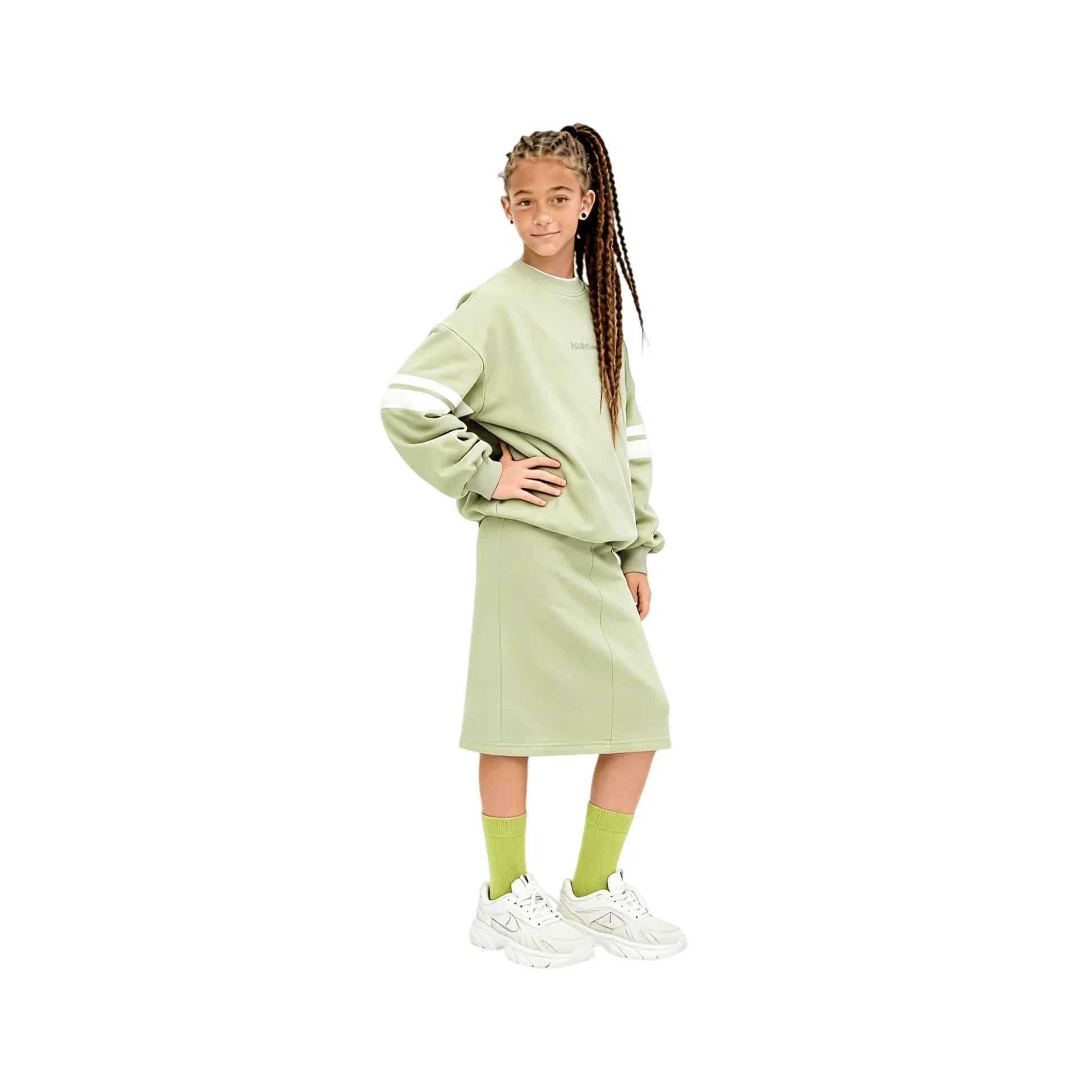 Side view of a girl wearing the avocado green sweat skirt and hoodie set.