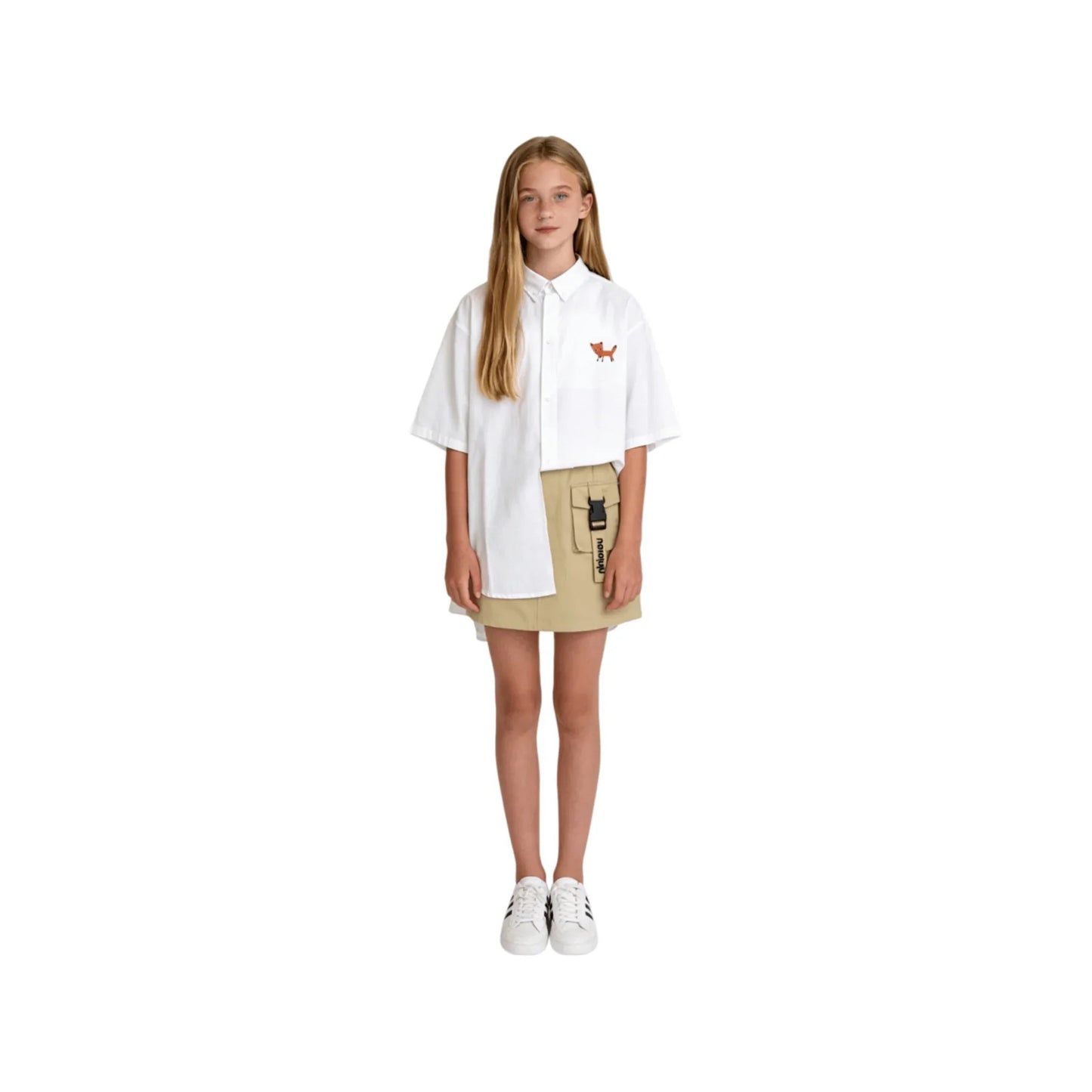 A girl modeling the khaki cargo skirt paired with a white oversized shirt.