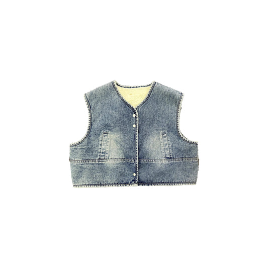 Front view of the girls' light-blue cropped denim vest with cozy fleece lining.