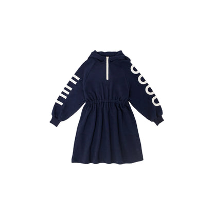 Front view of the navy hooded half-zip sweatshirt dress with sleeve graphics.