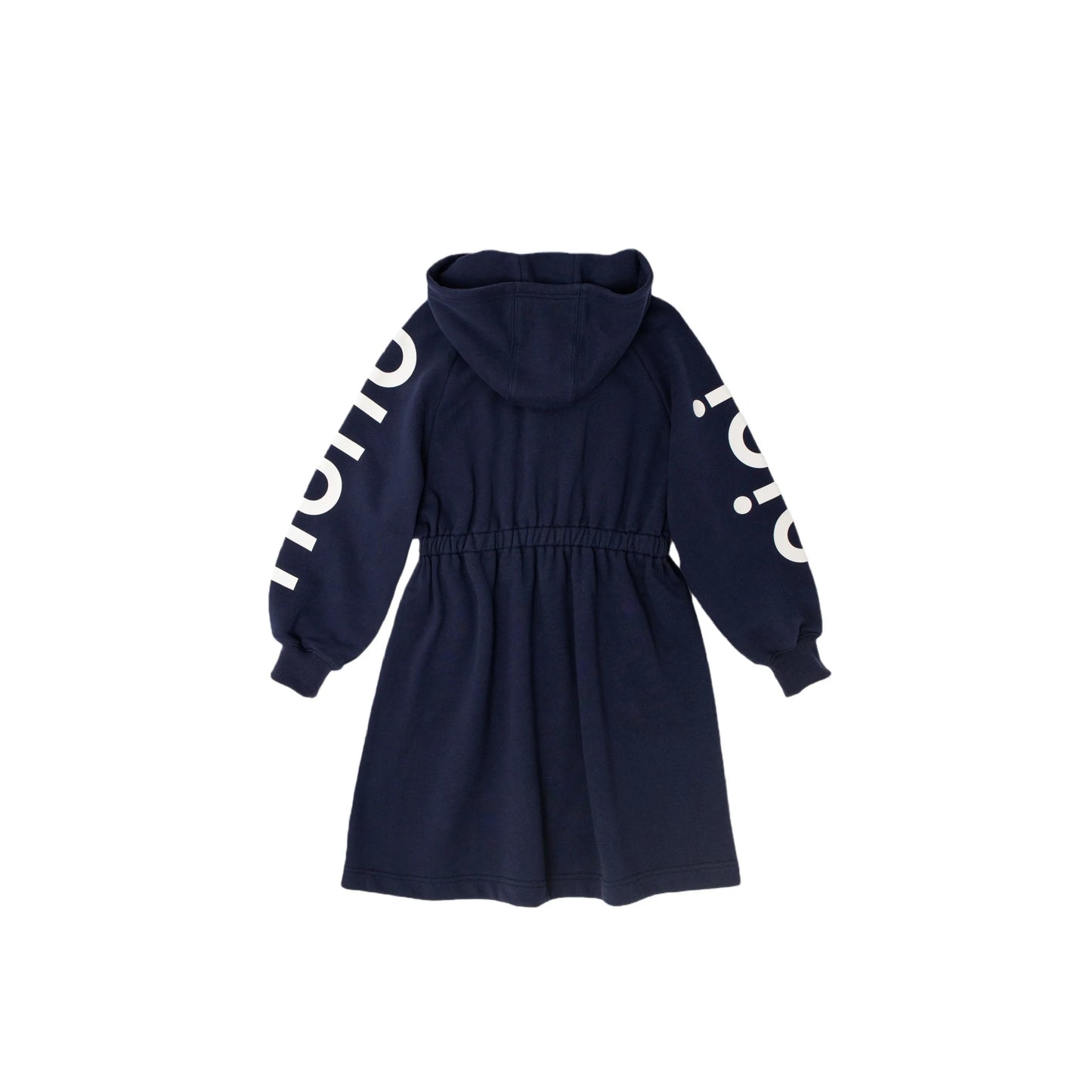 Full back view of the hooded sweatshirt dress showing the elastic waist.