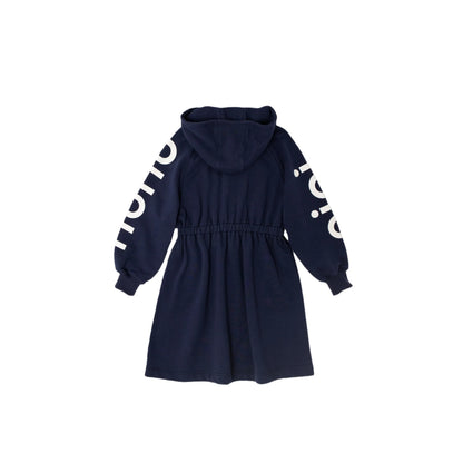 Full back view of the hooded sweatshirt dress showing the elastic waist.