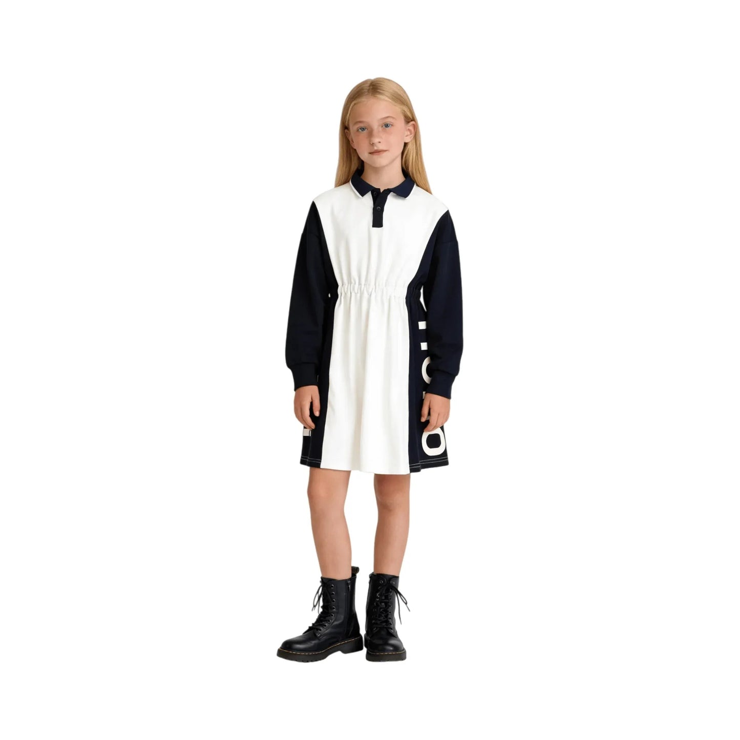 A young girl modeling the navy and white color-block polo dress, front view.