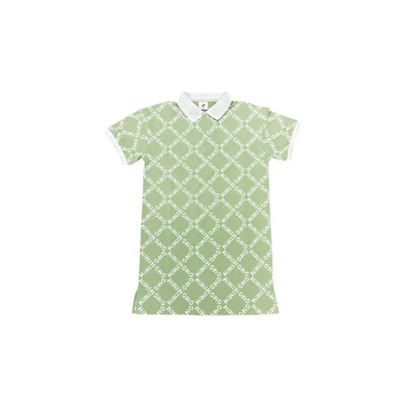 Front view of the spring green 230 GSM pique mesh polo dress with all-over logo print and side slits.