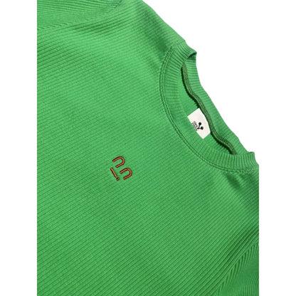Close-up of the ribbed crew neckline and the orange smiley face embroidery on the bold green Ogender tee.