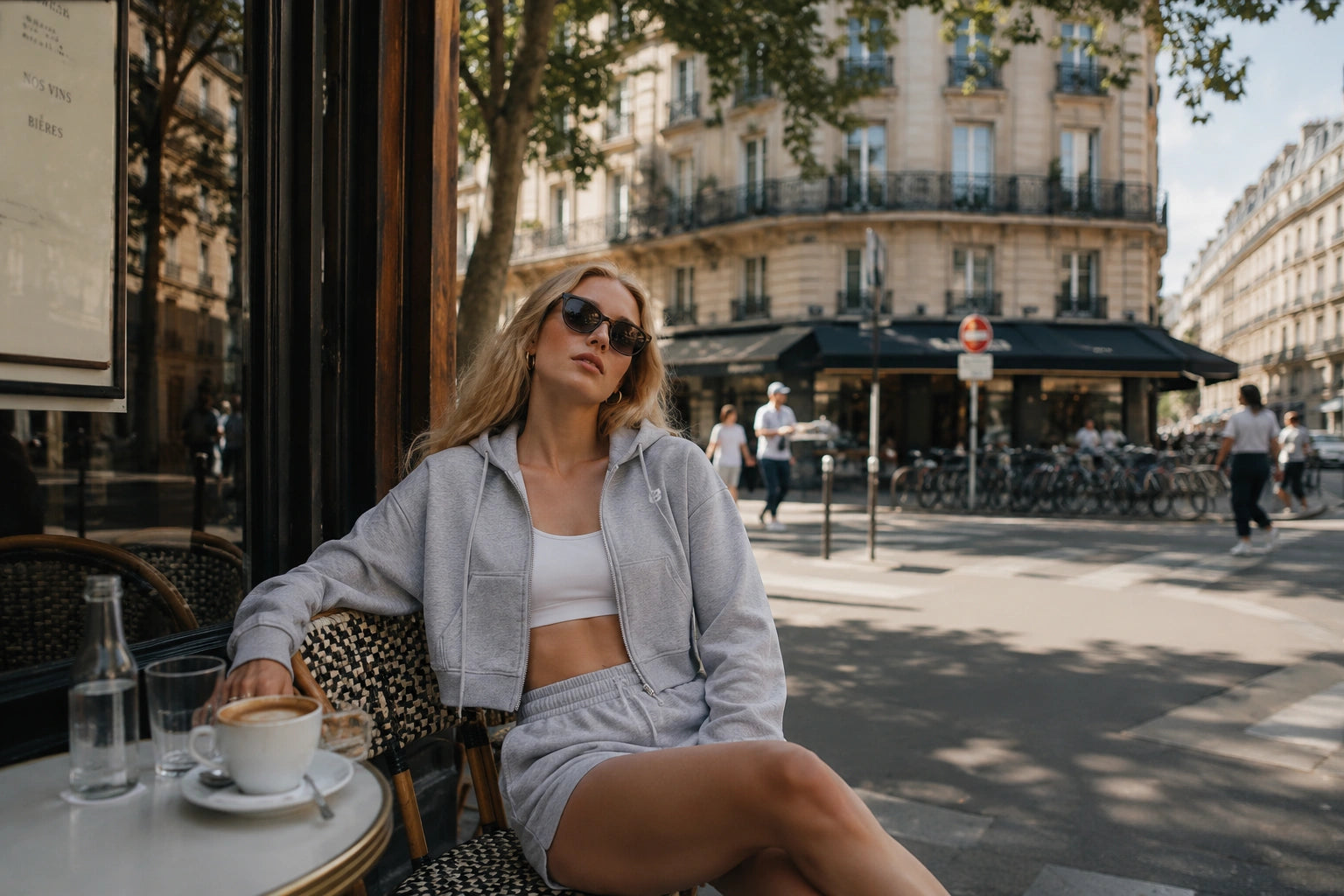 OGender lifestyle campaign featuring a grey cropped zip hoodie and matching shorts styled with a white sports bra at a Paris cafe