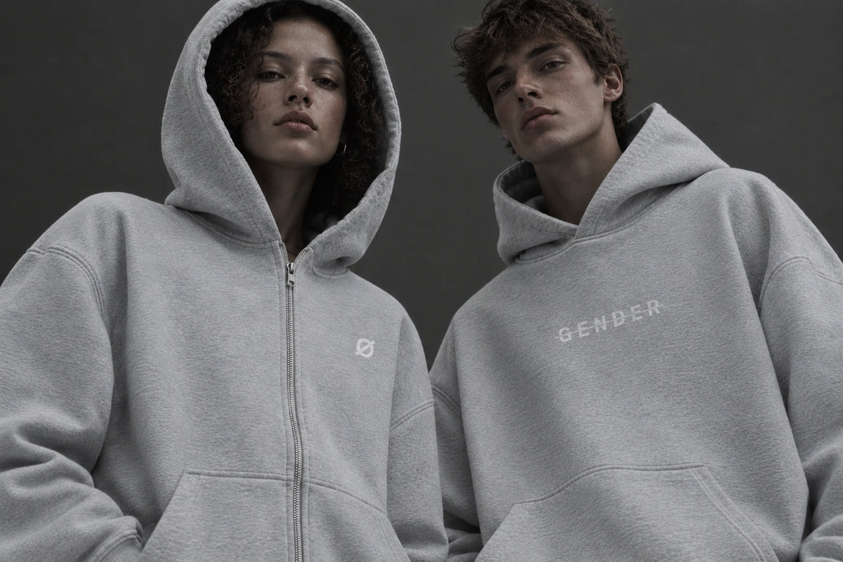 OGender oversized heather gray fleece hoodies featuring a zip-up hoodie on a female model and a pullover hoodie on a male model, both with minimalist chest logos.