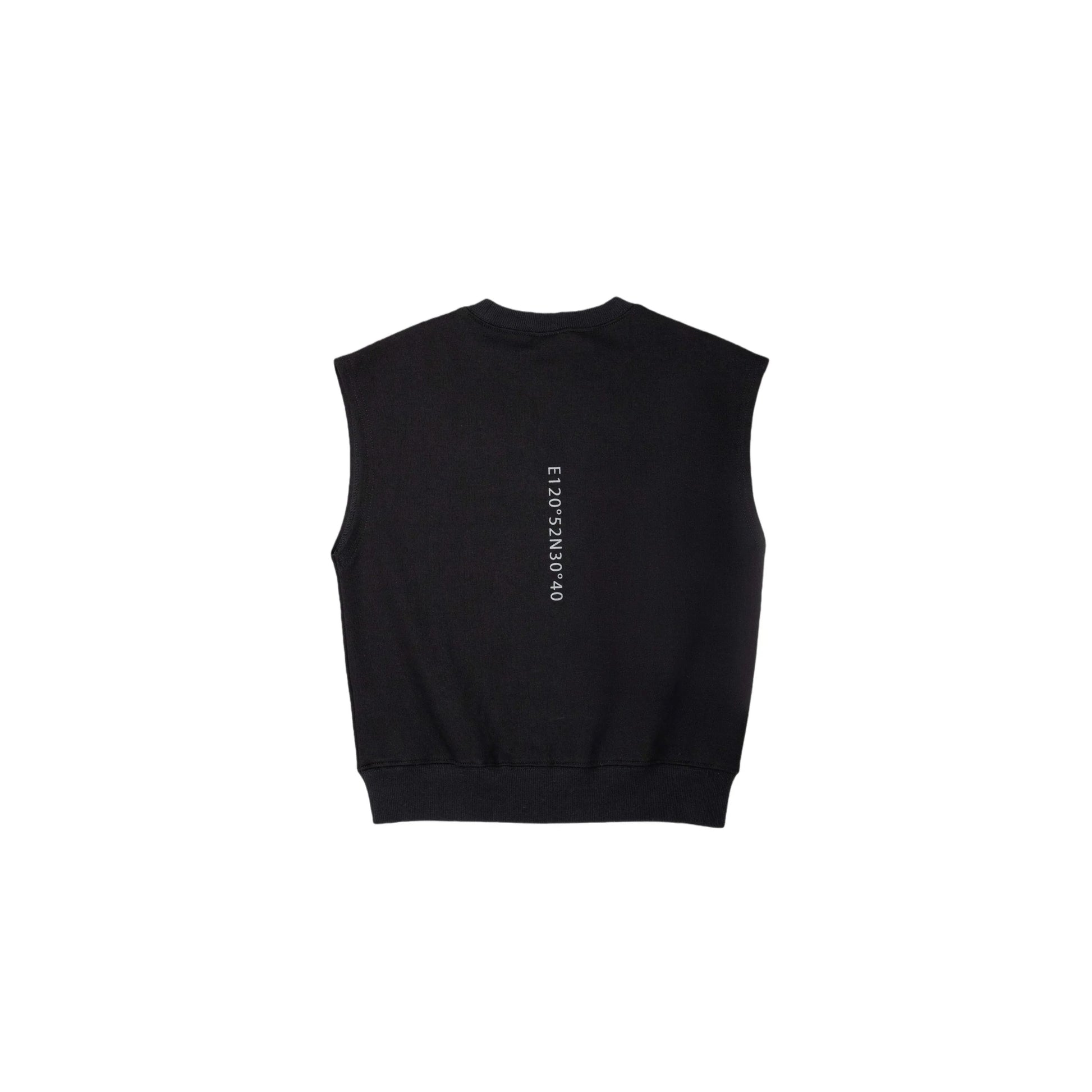 Back view of Black sweat vest, perfect for minimalist streetwear layering.