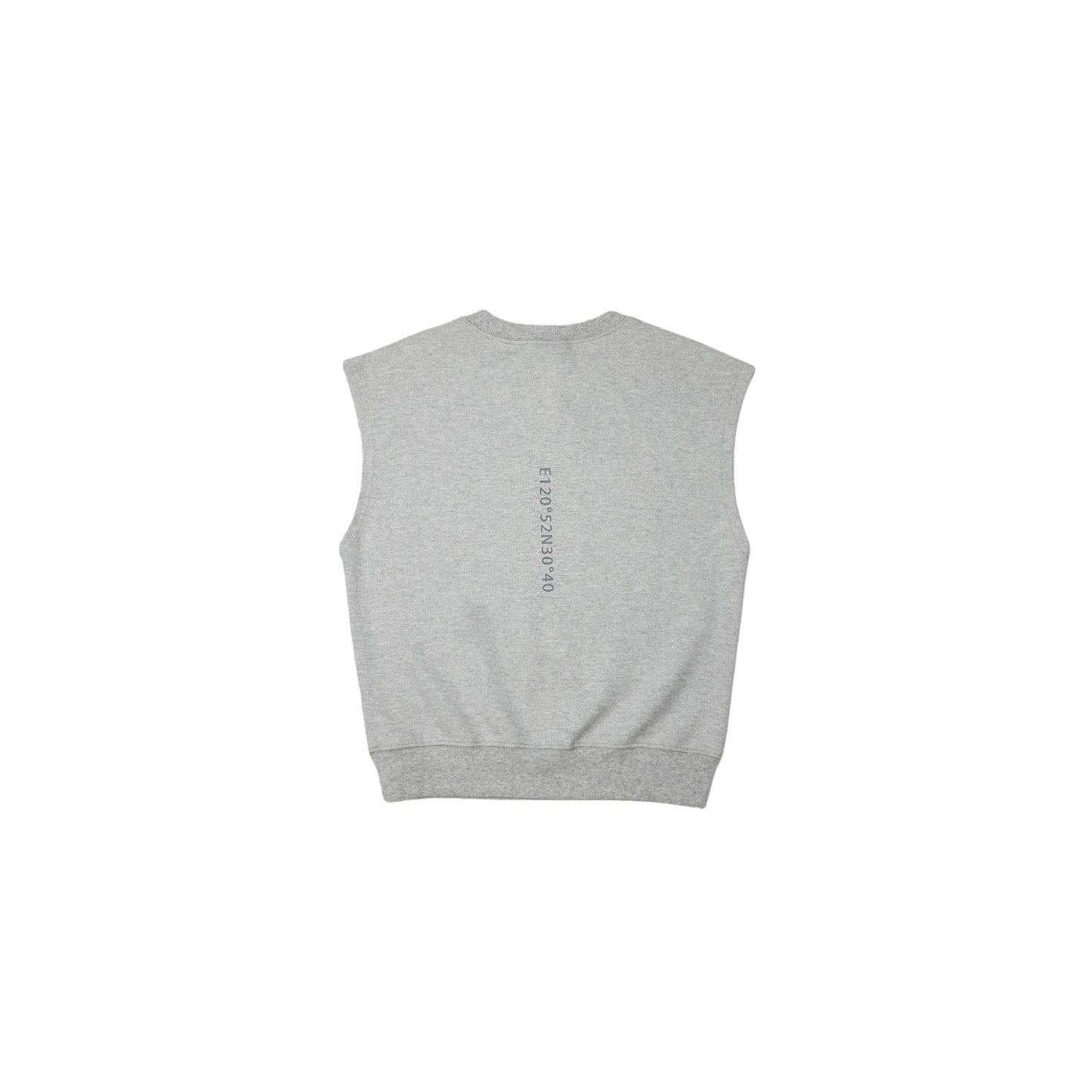 Back view of Light Grey heavyweight sweat vest featuring minimalist vertical branding.