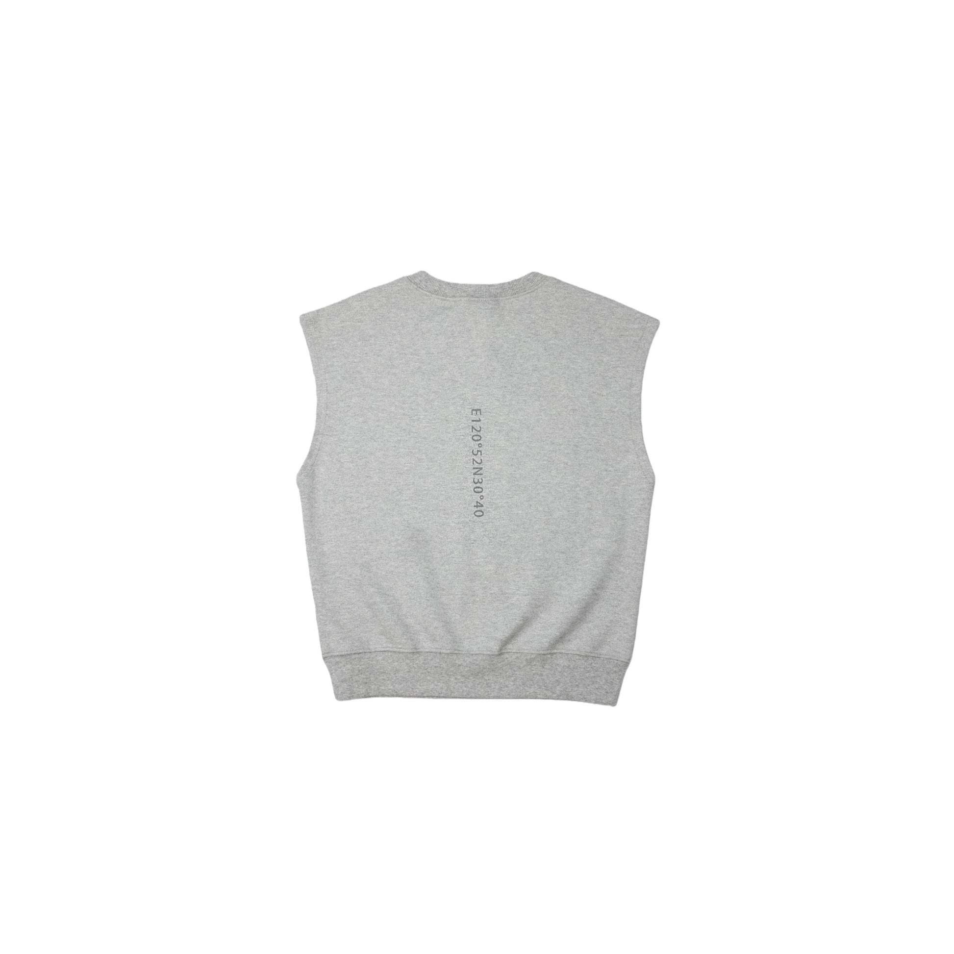 Back view of Light Grey heavyweight sweat vest featuring minimalist vertical branding.
