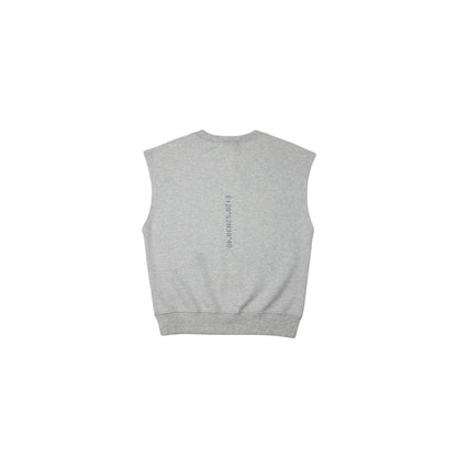 Back view of Light Grey heavyweight sweat vest featuring minimalist vertical branding.