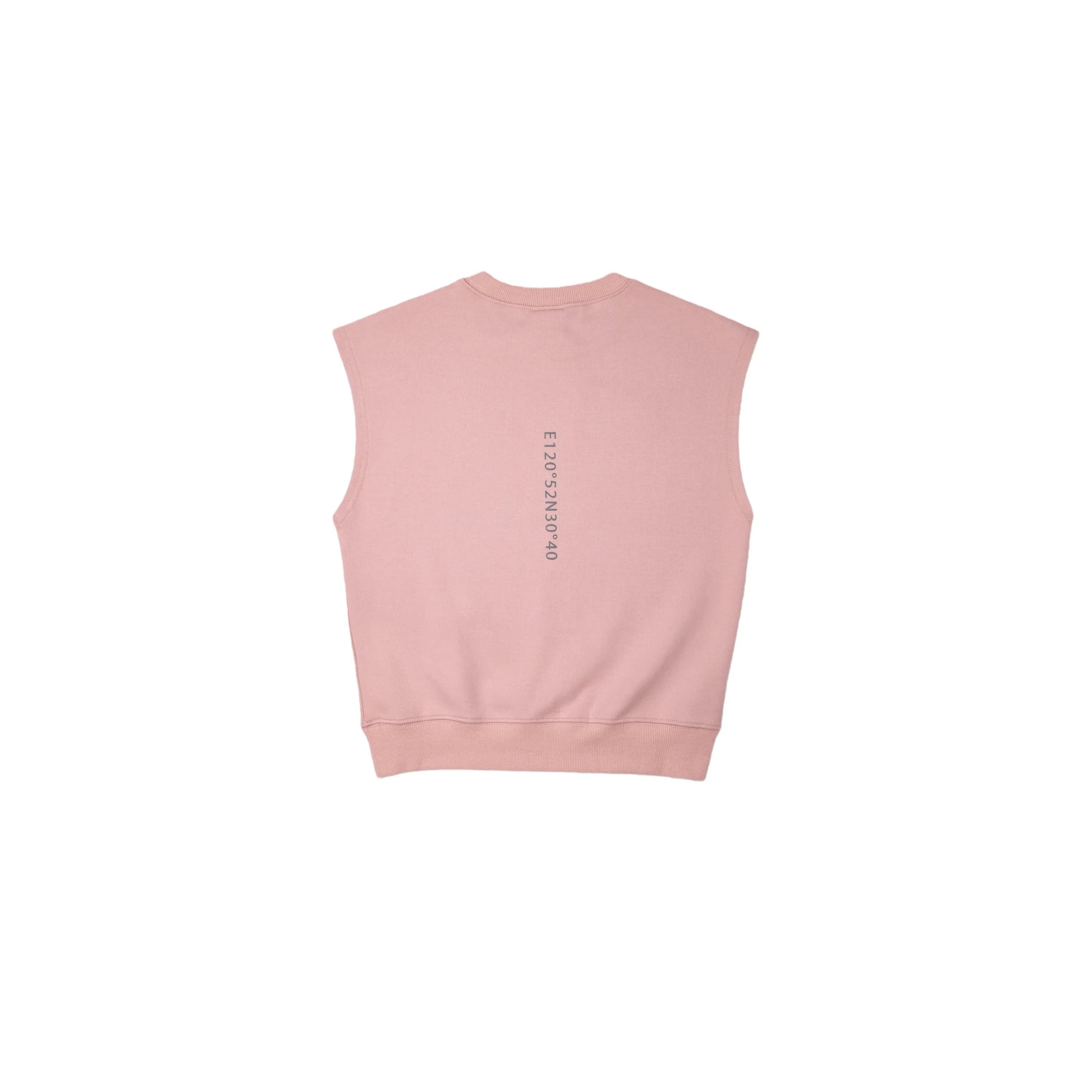 Back view of  Pink sweat vest, designed for a comfortable oversized fit.
