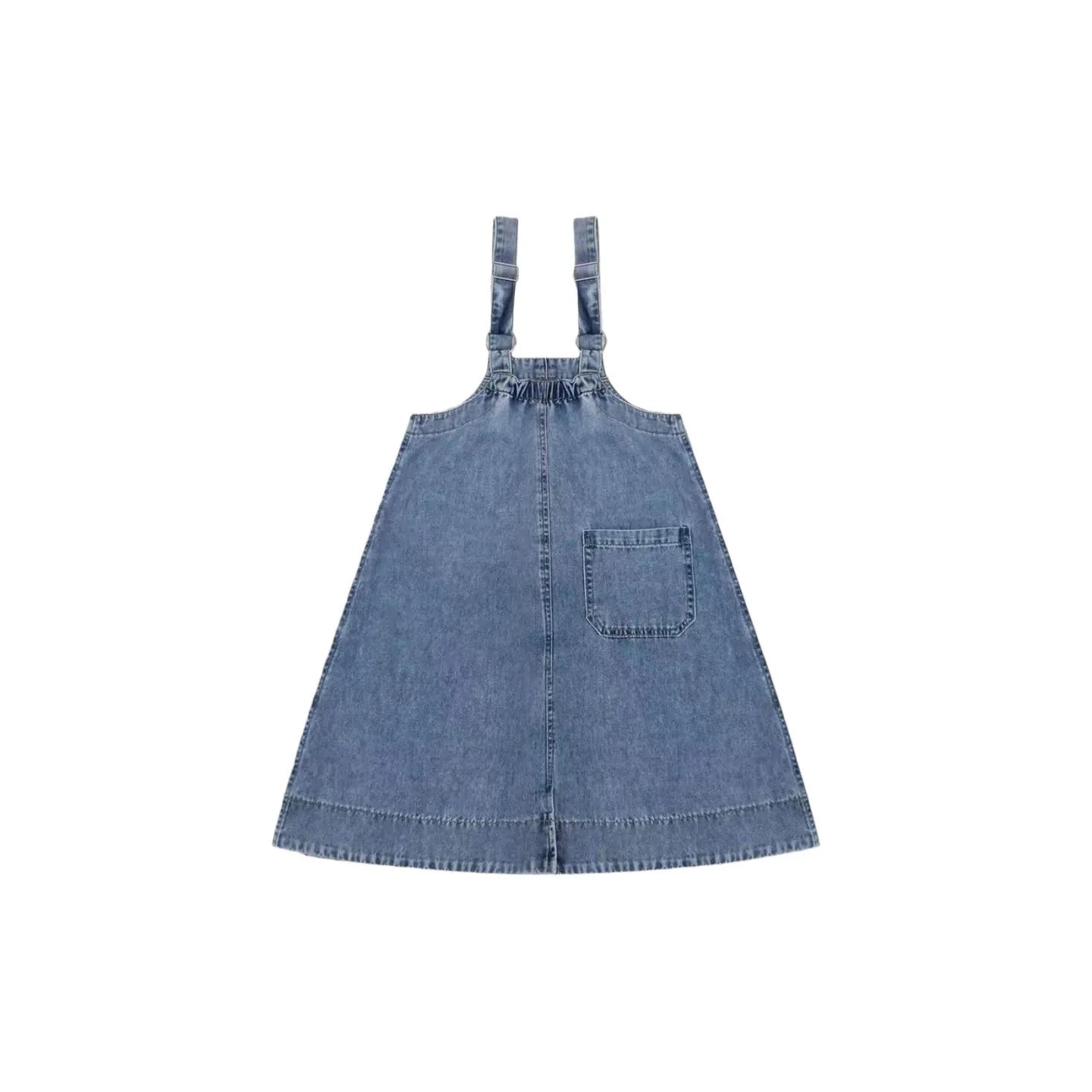 Back view of the denim overall dress showing the single right-side pocket and adjustable straps.