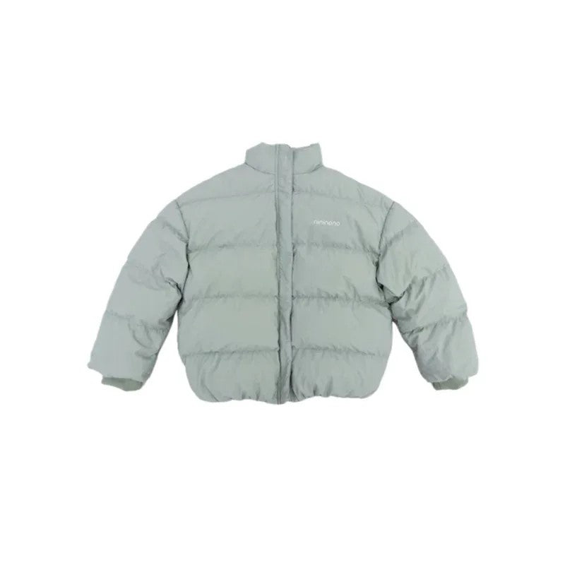Front view of the junior unisex oversized puffer jacket in Avocado Green.