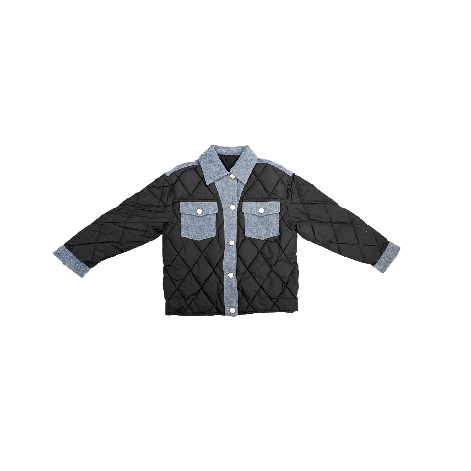 Front view of the junior unisex black diamond-quilted puffer jacket with denim patchwork.