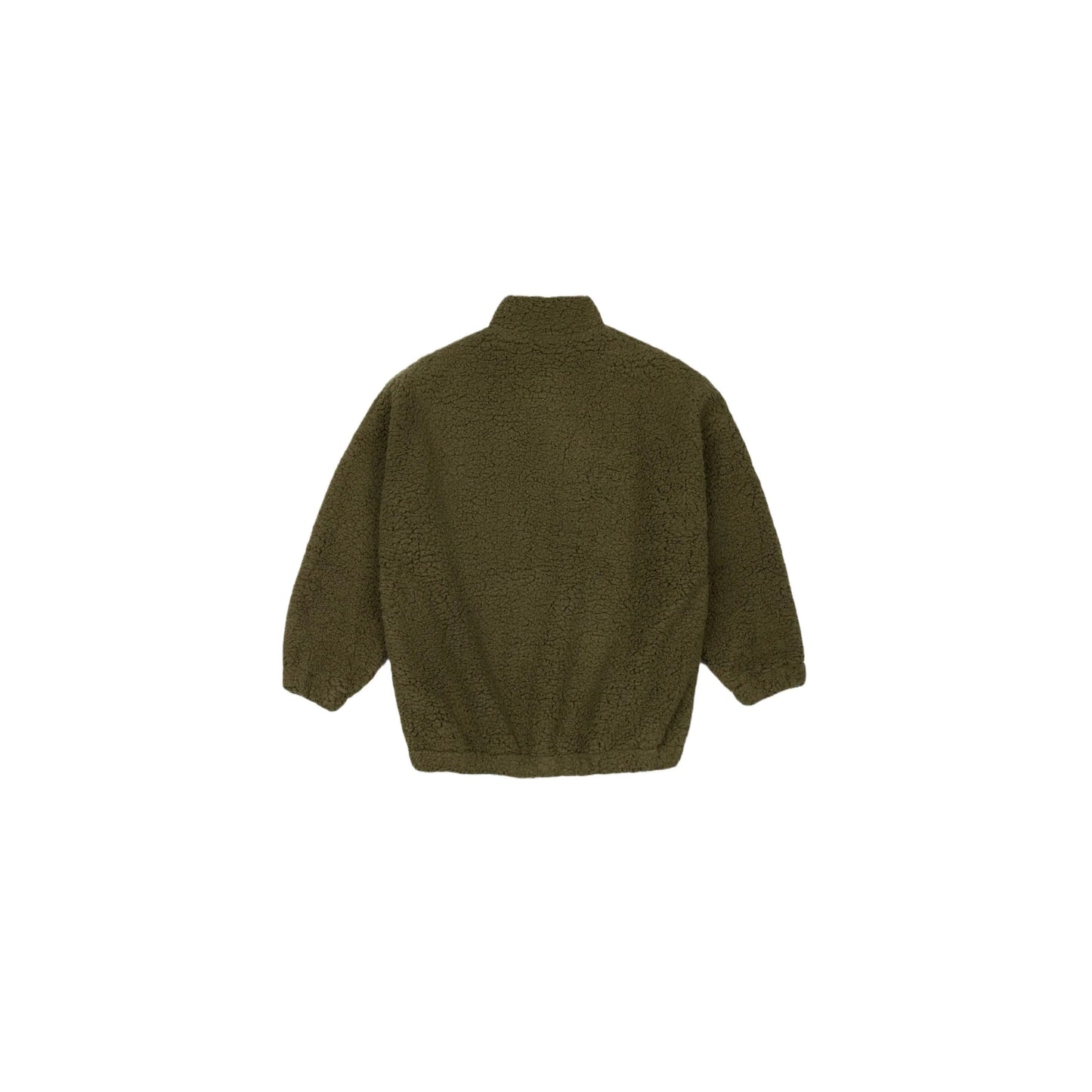 Full back view of the army green junior Sherpa pullover showing the relaxed cut.