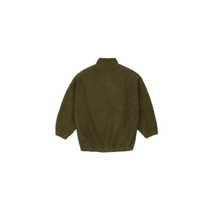 Full back view of the army green junior Sherpa pullover showing the relaxed cut.