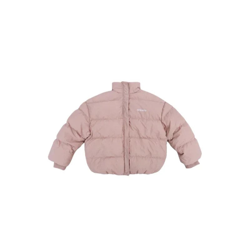 Front view of the junior unisex oversized puffer jacket in Soft Pink.