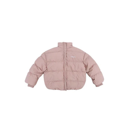 Front view of the junior unisex oversized puffer jacket in Soft Pink.
