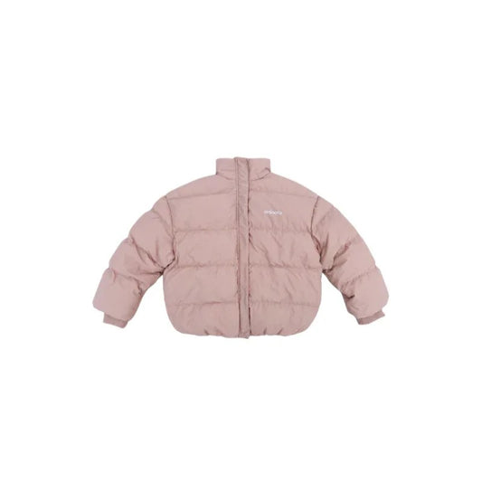Front view of the junior unisex oversized puffer jacket in Soft Pink.