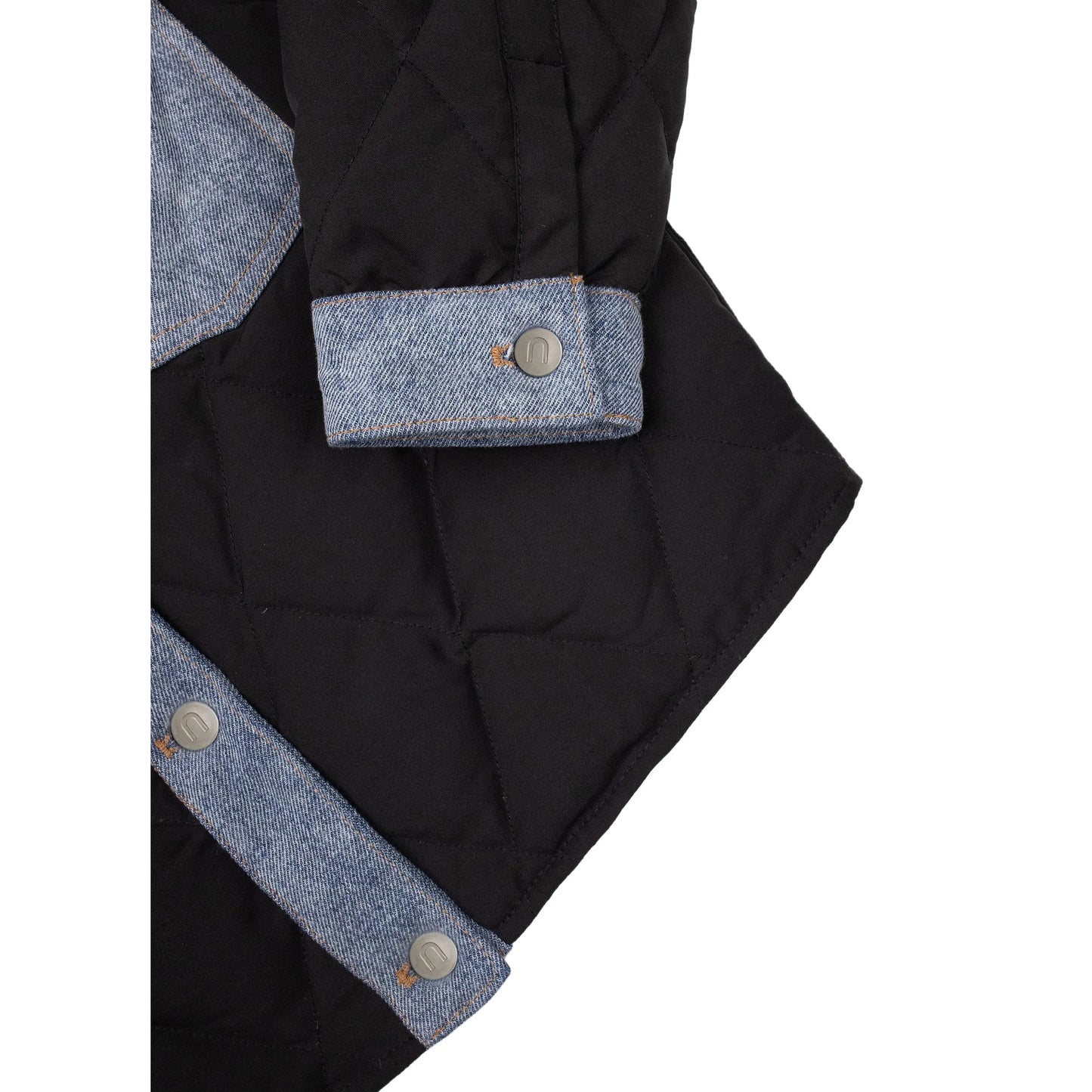 Detailed shot of the denim sleeve cuffs and branded metal buttons on the junior puffer coat.