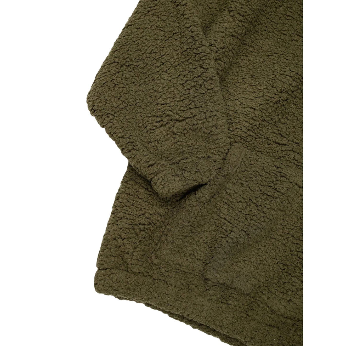 Detailed view of the reinforced cuffs and spacious kangaroo pocket on the junior army green Sherpa fleece.
