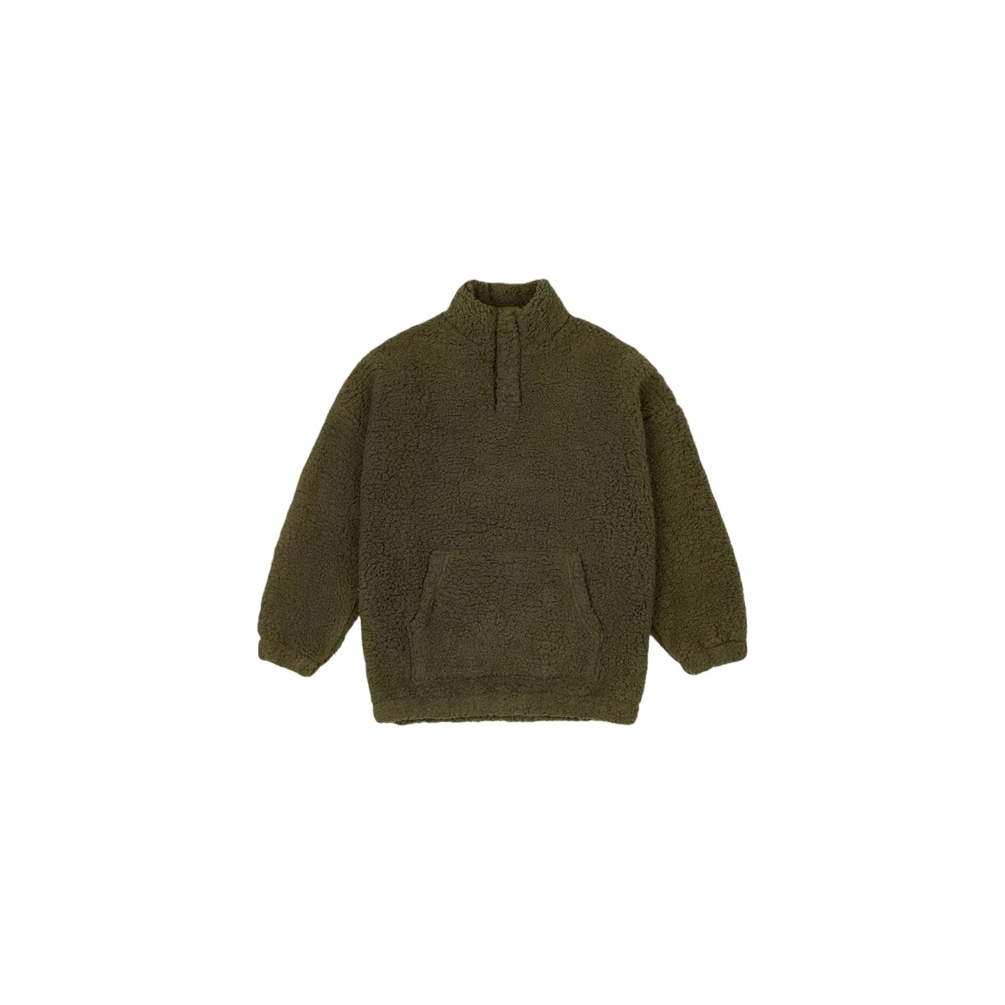 Front view of the junior army green Sherpa fleece pullover with kangaroo pocket.
