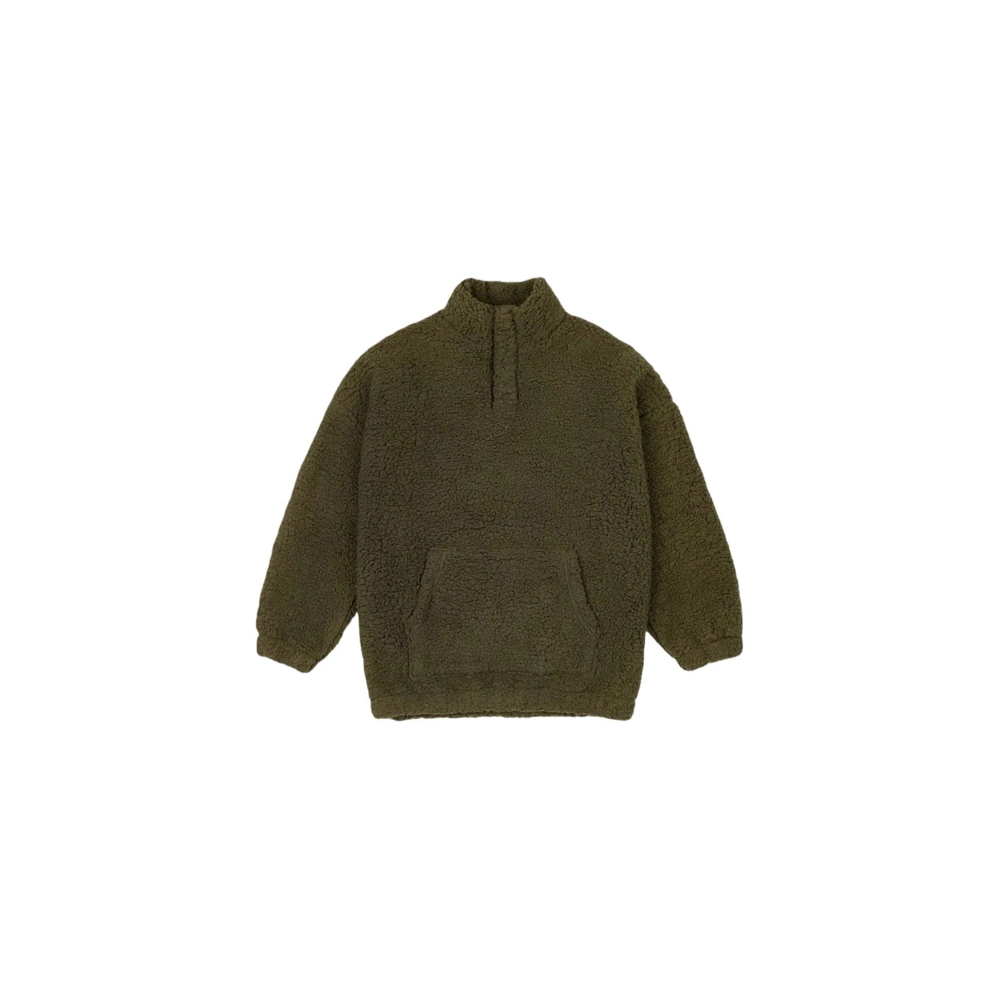 Front view of the junior army green Sherpa fleece pullover with kangaroo pocket.
