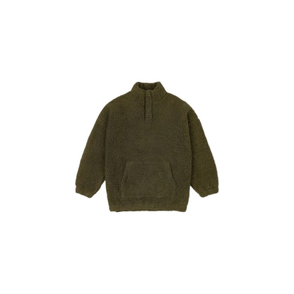 Front view of the junior army green Sherpa fleece pullover with kangaroo pocket.
