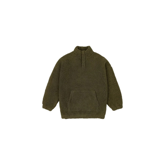 Front view of the junior army green Sherpa fleece pullover with kangaroo pocket.