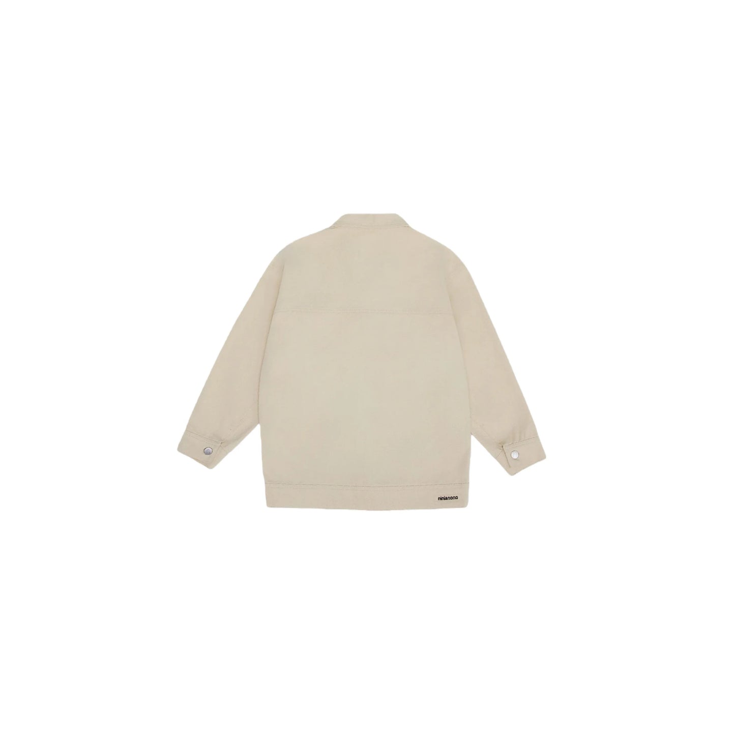 Full back view of the khaki denim jacket showing the clean, structured silhouette.